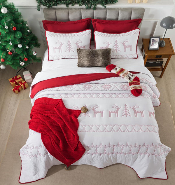 Edredón liviano renos bordados Navidad + fundas