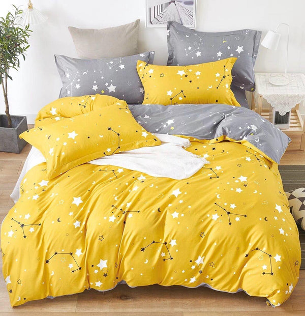 Combo Edredón doble faz estrellas amarillo + juego de sabanas