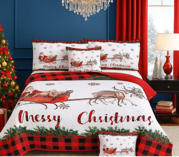 Quilt Navideño Merry Christmas + fundas + fundas de cojines