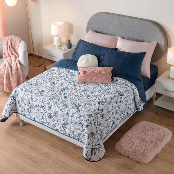 Quilt botanic azul doble faz