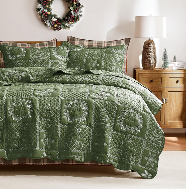 Quilt linda Navidad + fundas bordado (verde o rojo)