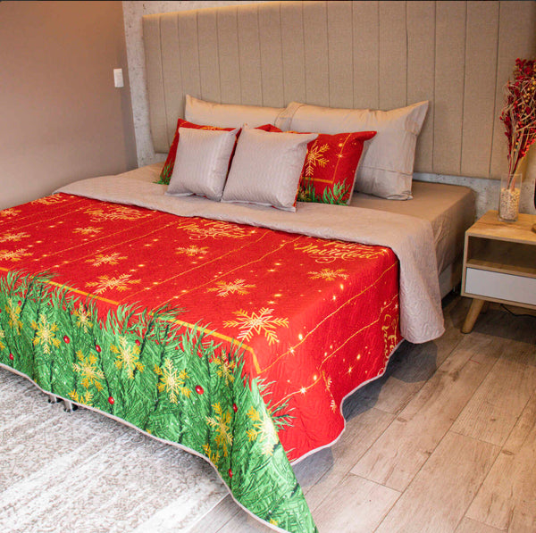 Quilt golden Navidad + fundas almohada + fundas de cojín