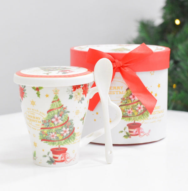 Pocillo navideño + tapa + cuchara en caja especial