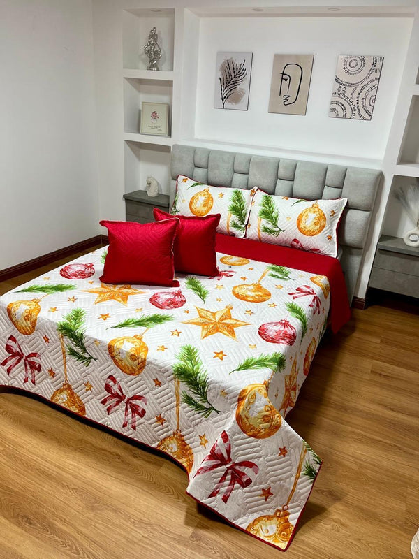Quilt estrella navideña + fundas almohada + fundas de cojín