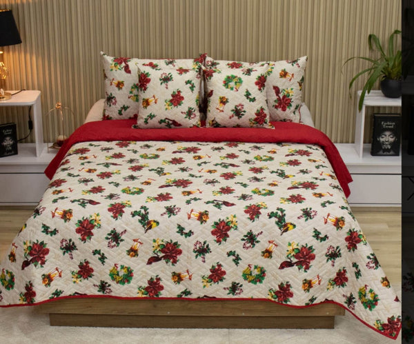 Quilt flores Navideñas doble faz + fundas de almohada +fundas de cojines