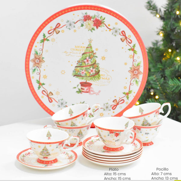 Set x 6 pocillos café navideño + plato en caja especial