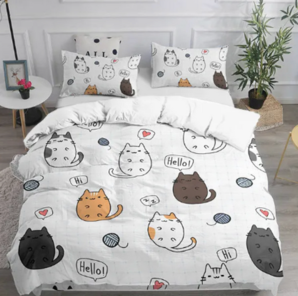 Combo Edredón + juego de sabanas Print Hello Cats